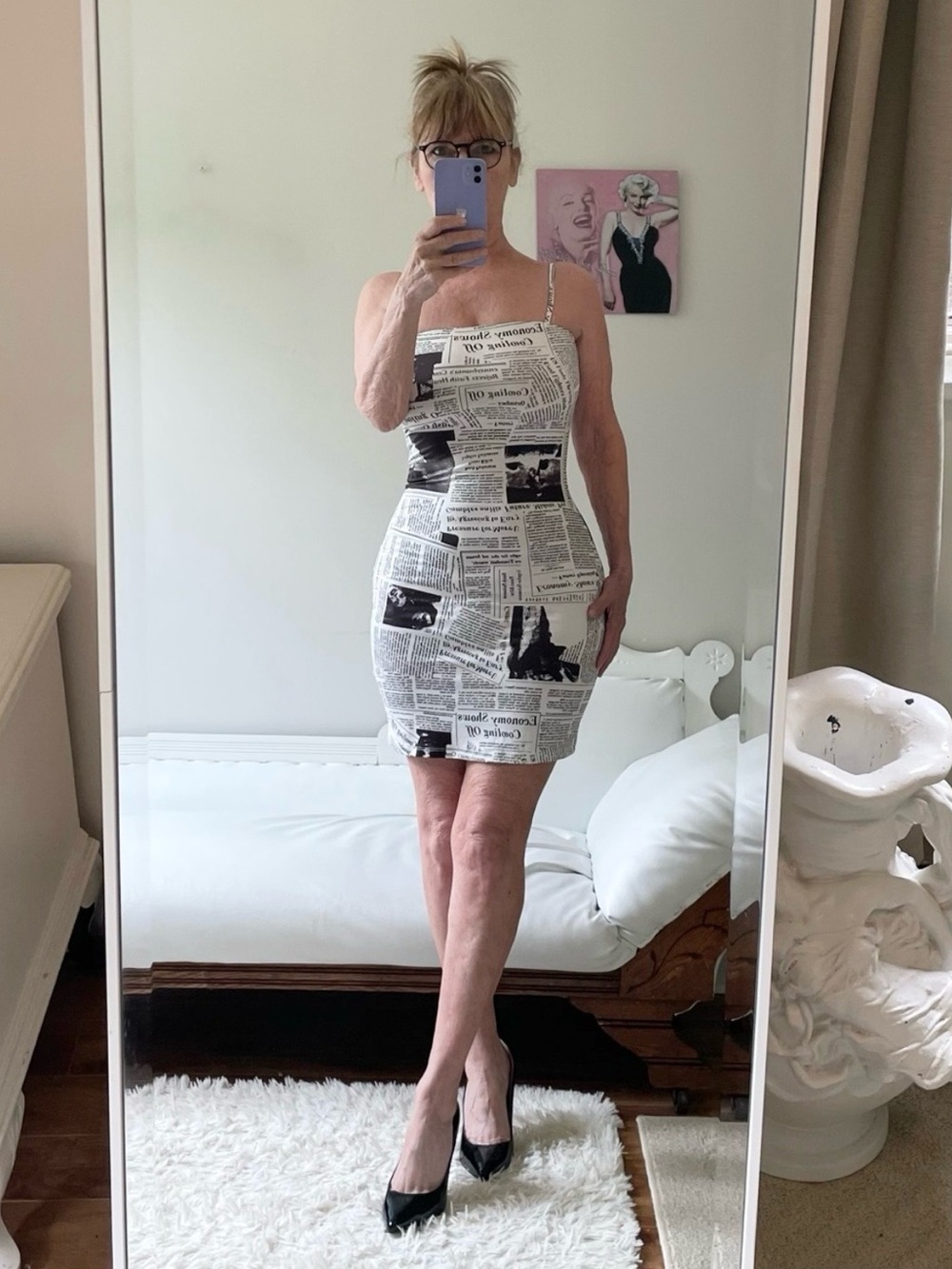 BLACK WHITE NEWSPRINT SLIP DRESS ADJUSTABLE SPAGHETTI STRAPS HEADLINES STRETCH